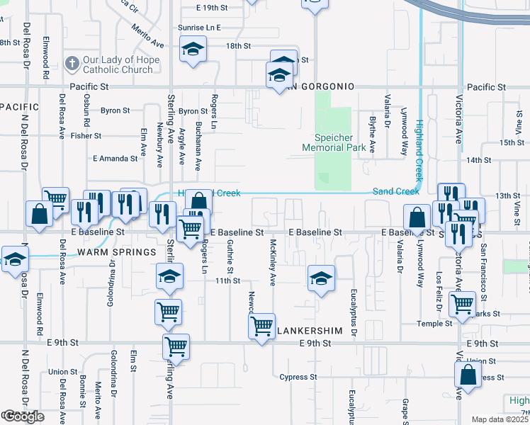 map of restaurants, bars, coffee shops, grocery stores, and more near 25942 East Baseline Street in San Bernardino