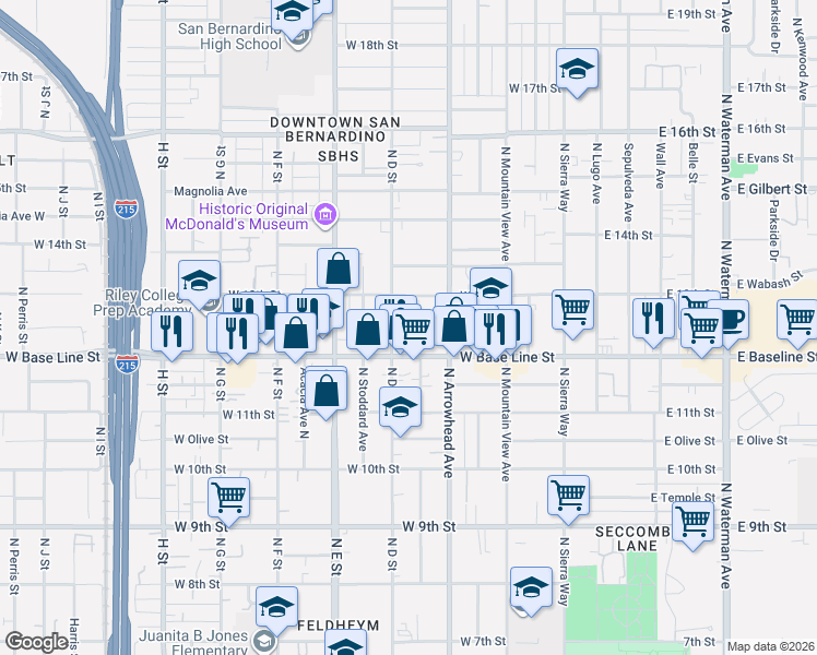 map of restaurants, bars, coffee shops, grocery stores, and more near 1237 North D Street in San Bernardino