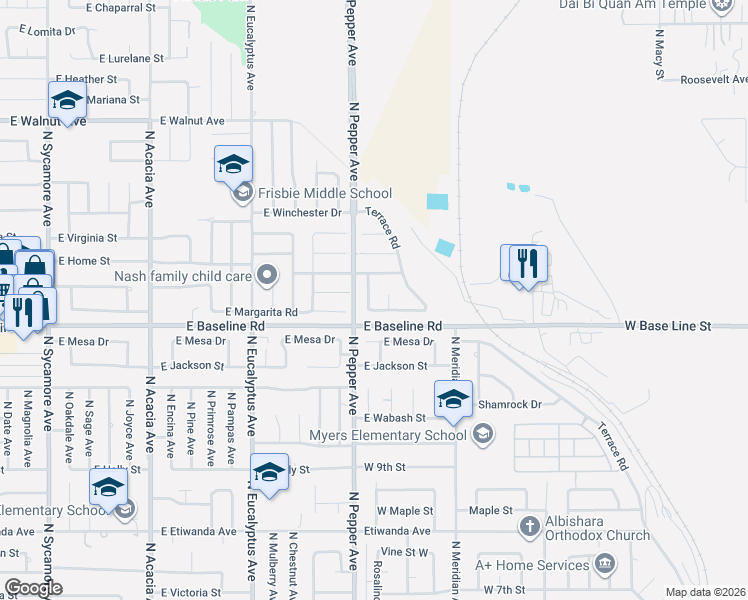 map of restaurants, bars, coffee shops, grocery stores, and more near 1240 Rosalind Avenue in Rialto