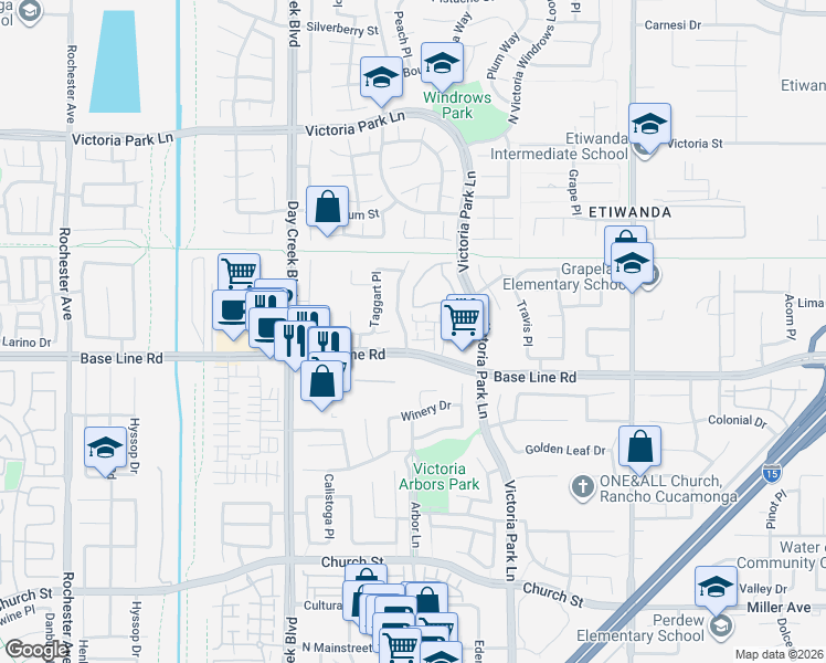 map of restaurants, bars, coffee shops, grocery stores, and more near 7278 San Carmela Court in Rancho Cucamonga