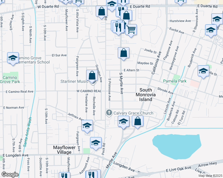 map of restaurants, bars, coffee shops, grocery stores, and more near 2403 South Primrose Avenue in Monrovia