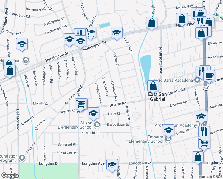 map of restaurants, bars, coffee shops, grocery stores, and more near 6748 North Ruthlee Avenue in San Gabriel