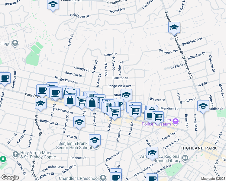 map of restaurants, bars, coffee shops, grocery stores, and more near 5533 Stratford Road in Los Angeles