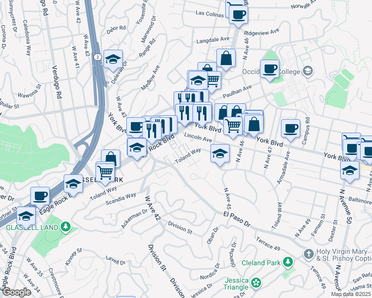 map of restaurants, bars, coffee shops, grocery stores, and more near 4343 Toland Way in Los Angeles