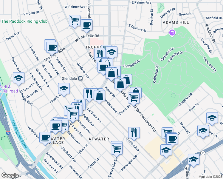 map of restaurants, bars, coffee shops, grocery stores, and more near 1838 Vassar Street in Glendale