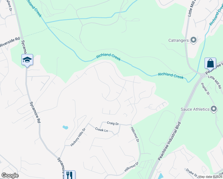 map of restaurants, bars, coffee shops, grocery stores, and more near 5187 Blossom Brook Drive in Sugar Hill