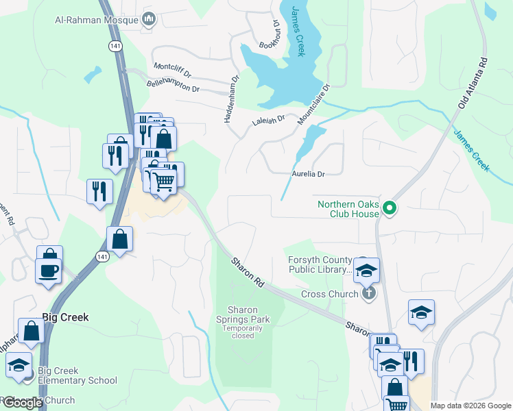 map of restaurants, bars, coffee shops, grocery stores, and more near 3175 Sharon Lane in Cumming