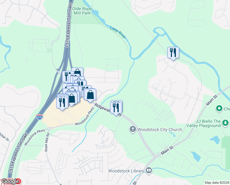 map of restaurants, bars, coffee shops, grocery stores, and more near 130 Meridian Drive in Woodstock