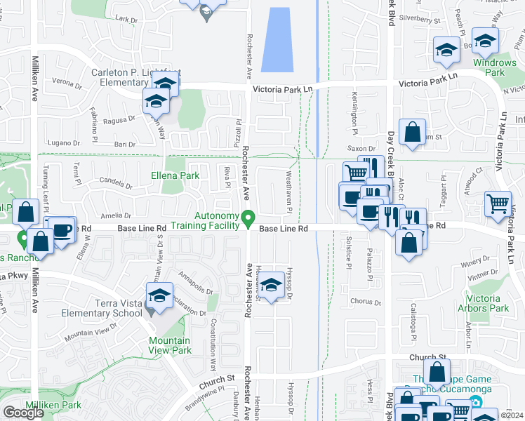 map of restaurants, bars, coffee shops, grocery stores, and more near 11938 Huntley Drive in Rancho Cucamonga