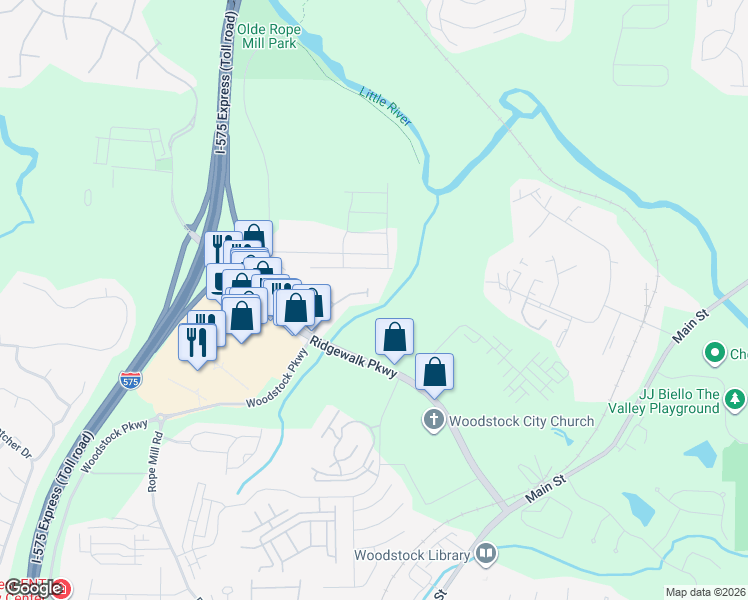 map of restaurants, bars, coffee shops, grocery stores, and more near 130 Meridian Dr in Woodstock