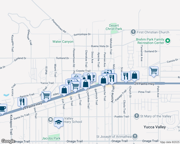 map of restaurants, bars, coffee shops, grocery stores, and more near 55931 Coyote Trail in Yucca Valley