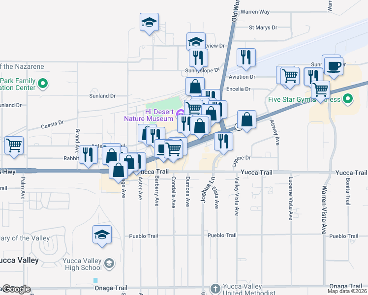 map of restaurants, bars, coffee shops, grocery stores, and more near Twentynine Palms Highway & Dumosa Ave in Yucca Valley