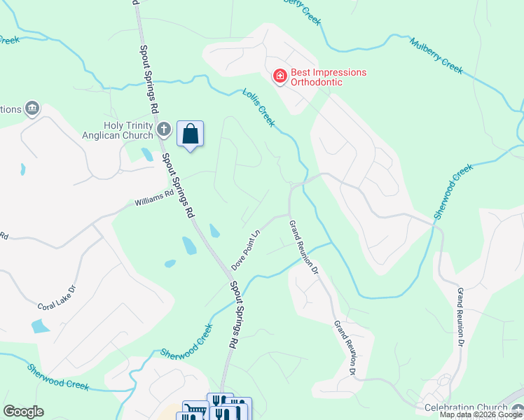 map of restaurants, bars, coffee shops, grocery stores, and more near 7020 Dove Point Lane in Hoschton