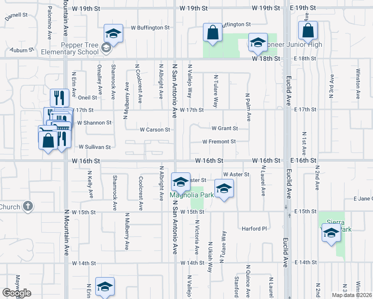 map of restaurants, bars, coffee shops, grocery stores, and more near 1623 North Vallejo Way in Upland