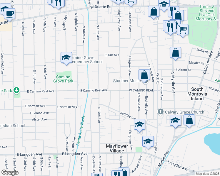 map of restaurants, bars, coffee shops, grocery stores, and more near 2 East Camino Real Avenue in Arcadia