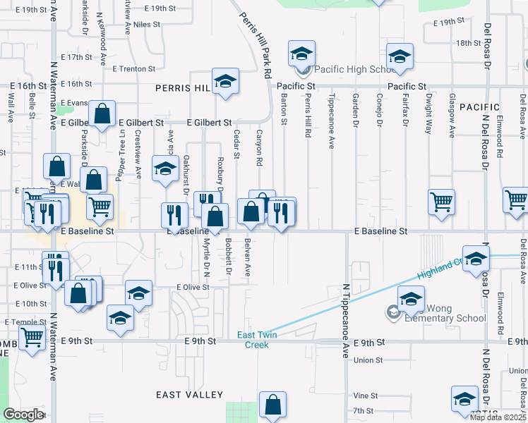 map of restaurants, bars, coffee shops, grocery stores, and more near 1241 Canyon Road in San Bernardino