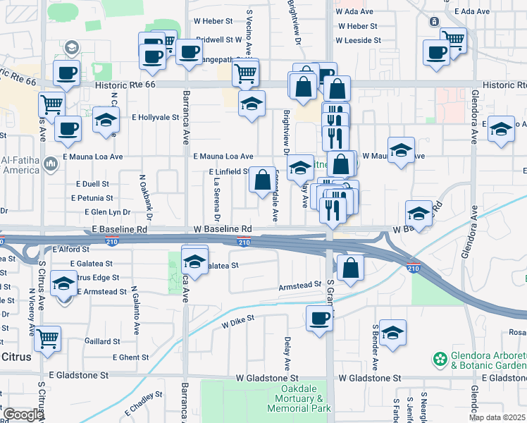map of restaurants, bars, coffee shops, grocery stores, and more near 638 West Glen Lyn Drive in Glendora