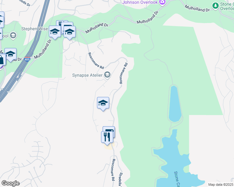 map of restaurants, bars, coffee shops, grocery stores, and more near 2500 Roscomare Road in Los Angeles