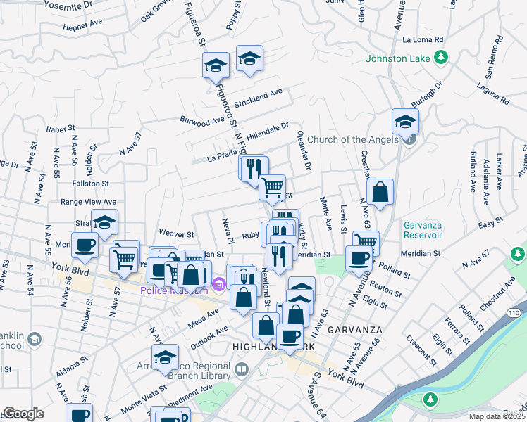 map of restaurants, bars, coffee shops, grocery stores, and more near 6607 North Figueroa Street in Los Angeles