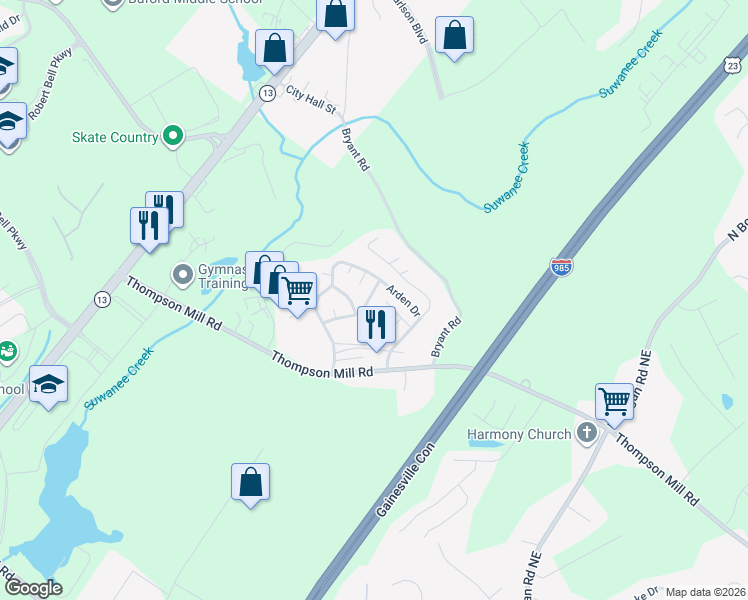 map of restaurants, bars, coffee shops, grocery stores, and more near 4647 Candlewyck Way in Buford
