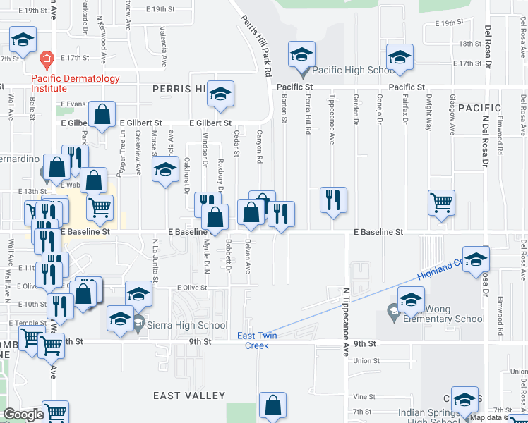 map of restaurants, bars, coffee shops, grocery stores, and more near 1241 Canyon Road in San Bernardino