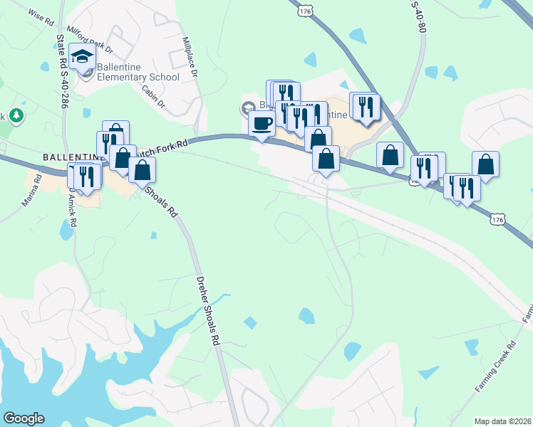 map of restaurants, bars, coffee shops, grocery stores, and more near 115 Willard Bouknight Road in Irmo