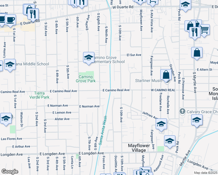 map of restaurants, bars, coffee shops, grocery stores, and more near 829 East Camino Real Avenue in Arcadia