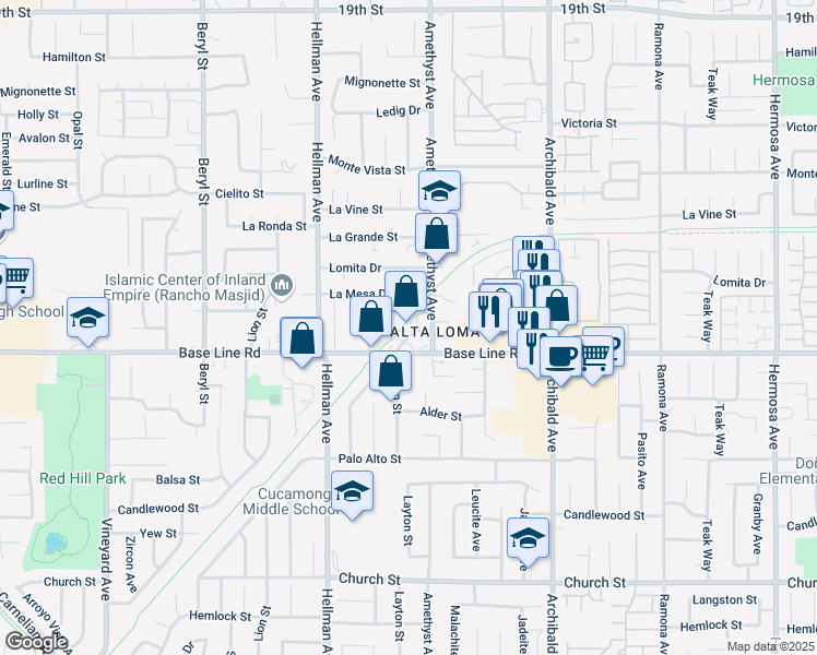 map of restaurants, bars, coffee shops, grocery stores, and more near 7276 Amethyst Avenue in Rancho Cucamonga