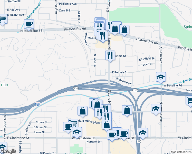 map of restaurants, bars, coffee shops, grocery stores, and more near 1818 Deserta Drive in Glendora