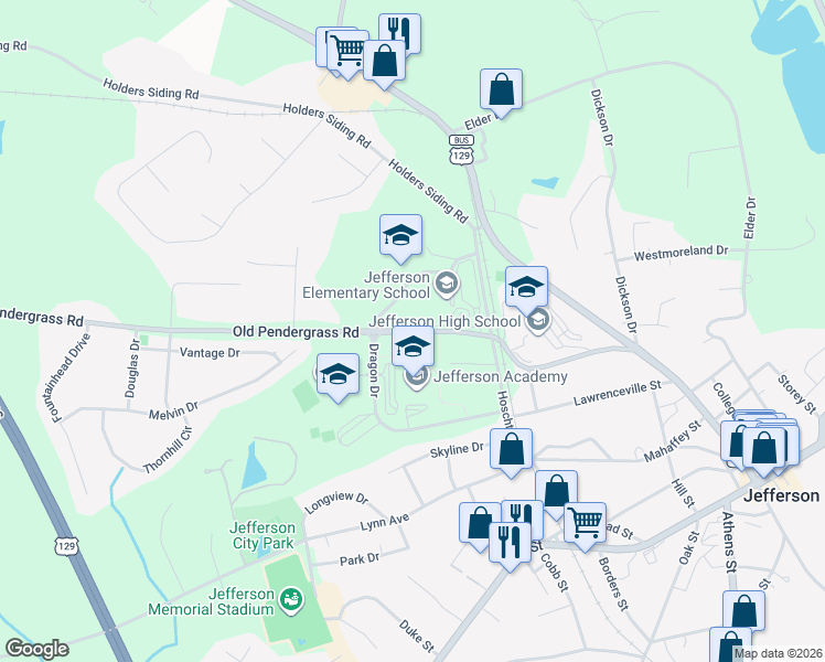 map of restaurants, bars, coffee shops, grocery stores, and more near 605 Old Pendergrass Road in Jefferson