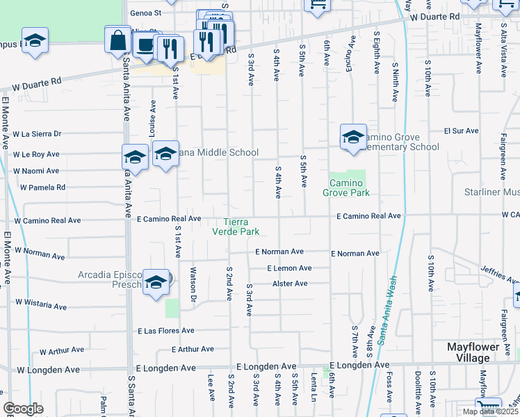 map of restaurants, bars, coffee shops, grocery stores, and more near 1524 South 3rd Avenue in Arcadia