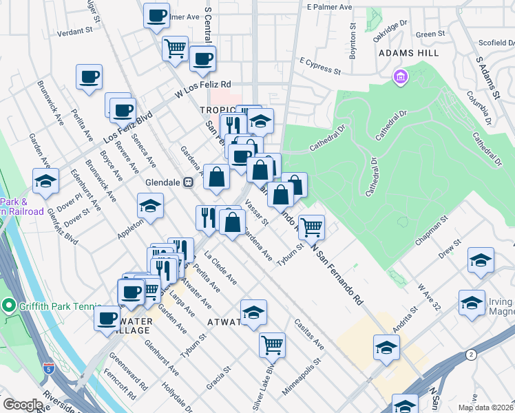 map of restaurants, bars, coffee shops, grocery stores, and more near 1818 Vassar Street in Glendale
