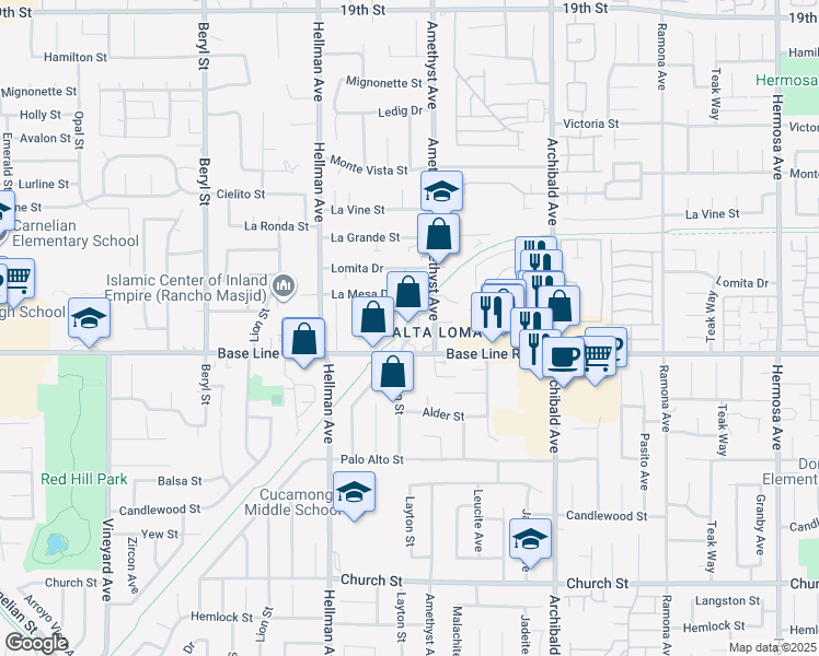 map of restaurants, bars, coffee shops, grocery stores, and more near 9456 Roberds Street in Rancho Cucamonga