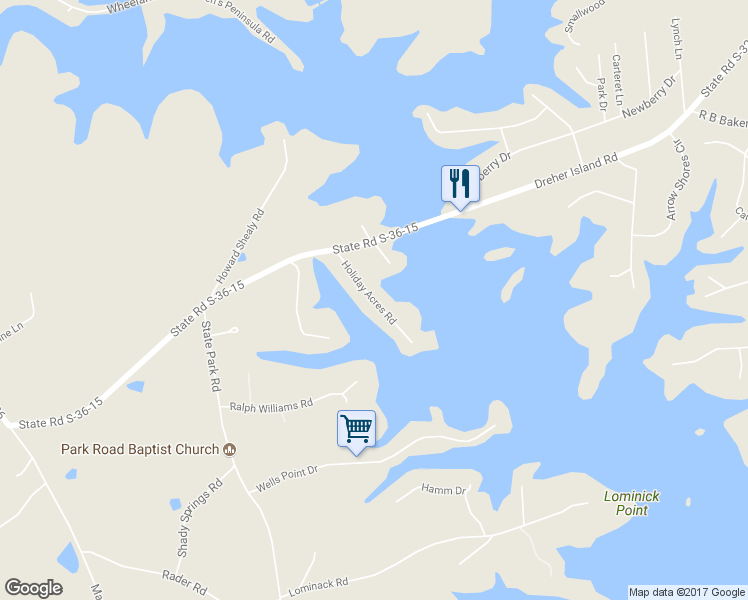 map of restaurants, bars, coffee shops, grocery stores, and more near 147 Holiday Acres Road in Prosperity