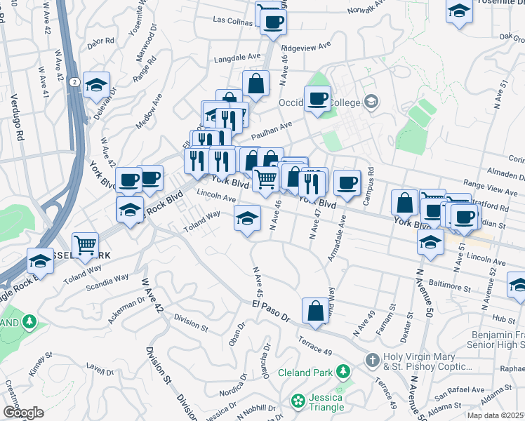 map of restaurants, bars, coffee shops, grocery stores, and more near 1449 North Avenue 46 in Los Angeles