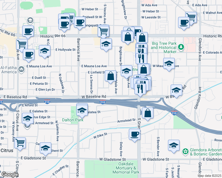 map of restaurants, bars, coffee shops, grocery stores, and more near 638 West Glen Lyn Drive in Glendora