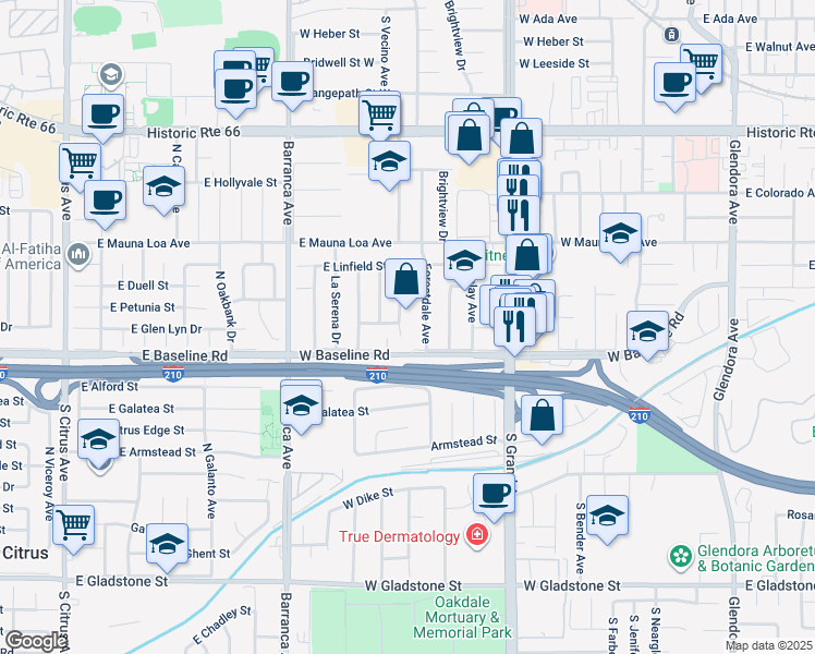 map of restaurants, bars, coffee shops, grocery stores, and more near 638 West Glen Lyn Drive in Glendora