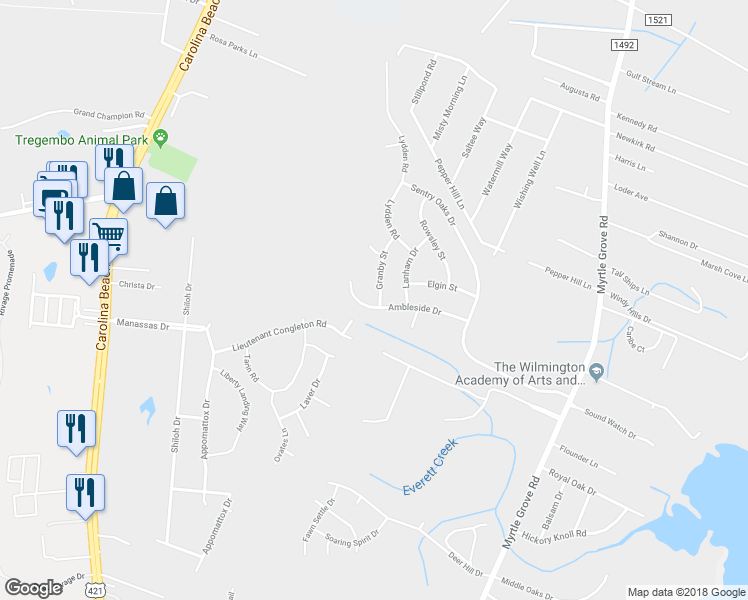 map of restaurants, bars, coffee shops, grocery stores, and more near 6332 Granby Street in Wilmington