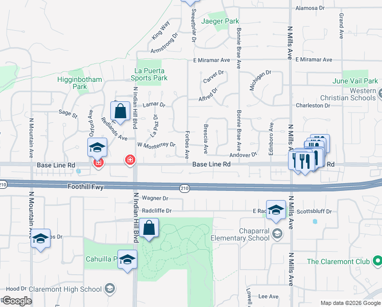 map of restaurants, bars, coffee shops, grocery stores, and more near 2136 Forbes Avenue in Claremont