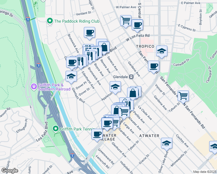 map of restaurants, bars, coffee shops, grocery stores, and more near 3828 Boyce Avenue in Los Angeles