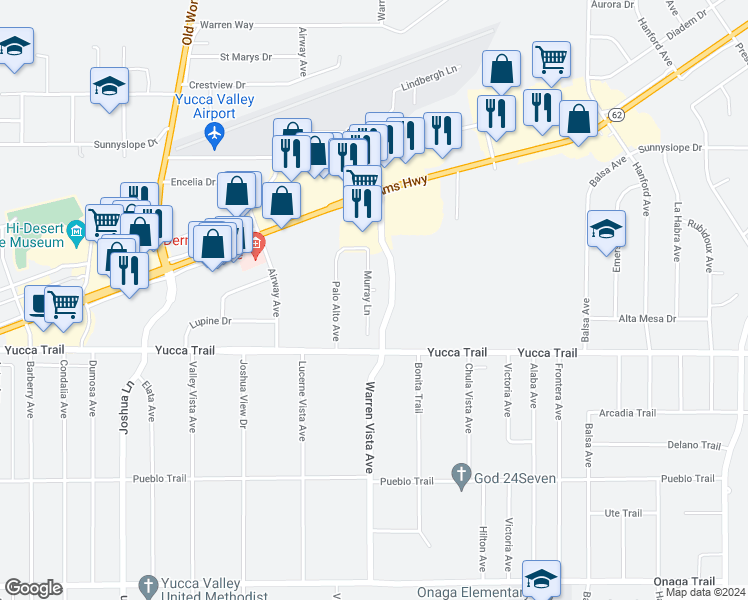 map of restaurants, bars, coffee shops, grocery stores, and more near 7207 Murray Lane in Yucca Valley