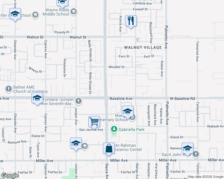map of restaurants, bars, coffee shops, grocery stores, and more near 16936 Baseline Avenue in Fontana