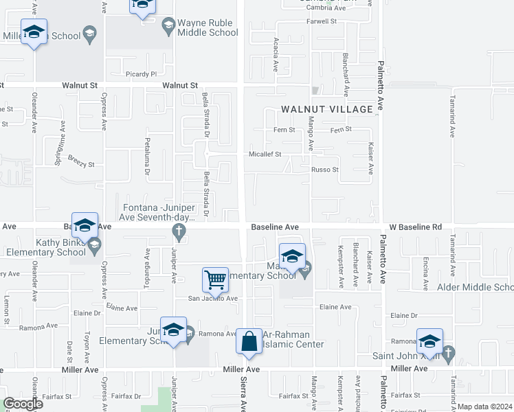 map of restaurants, bars, coffee shops, grocery stores, and more near 16936 Baseline Avenue in Fontana