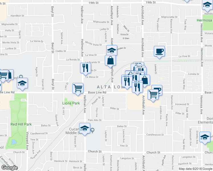 map of restaurants, bars, coffee shops, grocery stores, and more near 9456 Roberds Street in Rancho Cucamonga