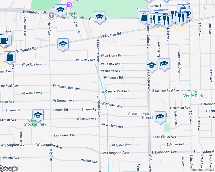 map of restaurants, bars, coffee shops, grocery stores, and more near 158 West Santa Anita Terrace in Arcadia