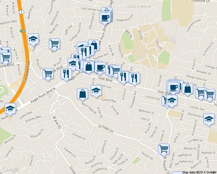 map of restaurants, bars, coffee shops, grocery stores, and more near 1449 North Ave 46 in Los Angeles