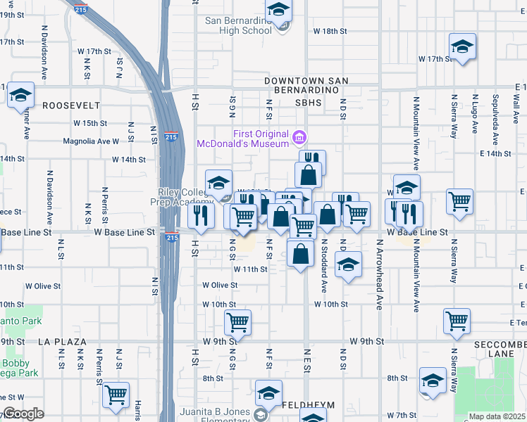 map of restaurants, bars, coffee shops, grocery stores, and more near in San Bernardino