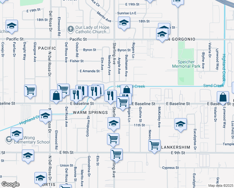 map of restaurants, bars, coffee shops, grocery stores, and more near 7239 Sterling Avenue in San Bernardino