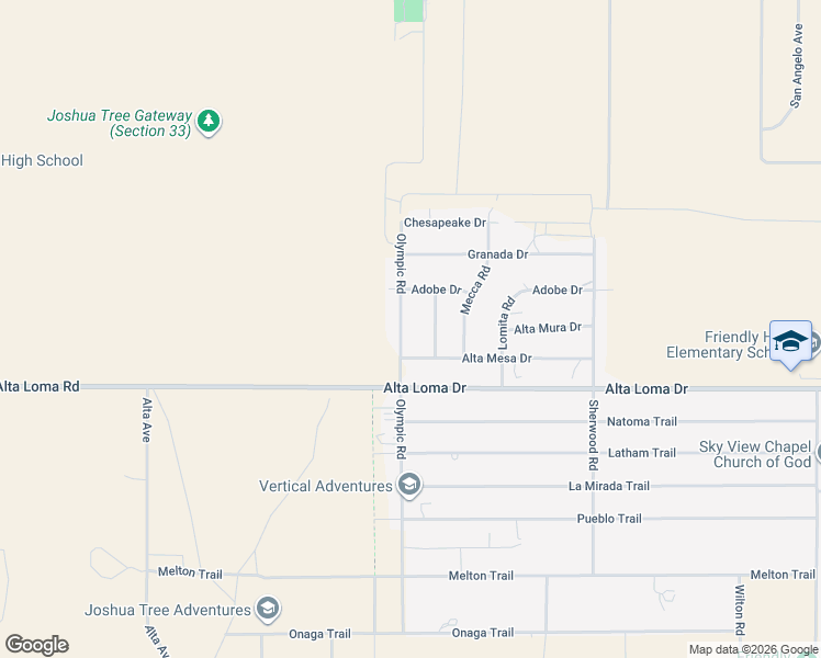 map of restaurants, bars, coffee shops, grocery stores, and more near 7202 Olympic Road in Joshua Tree