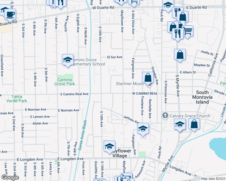map of restaurants, bars, coffee shops, grocery stores, and more near 2 East Camino Real Avenue in Arcadia
